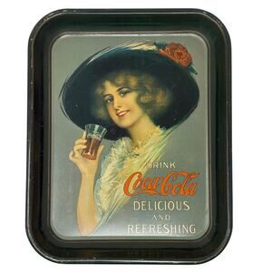 Vintage 70s Coca-Cola Metal Serving Tray Woman Portrait 13x10.5